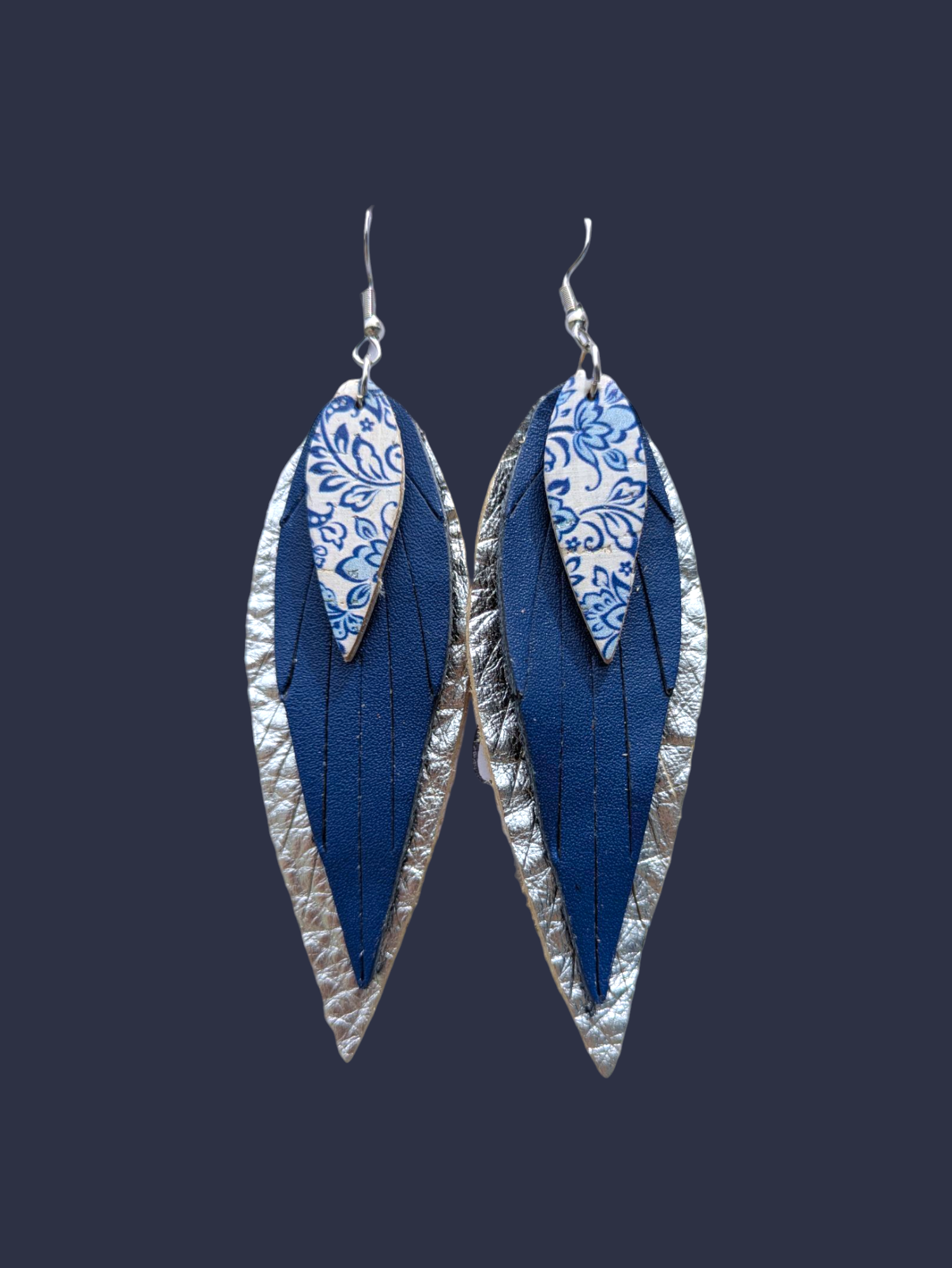 Boho Chic Blue & Silver Leaf Statement Earrings